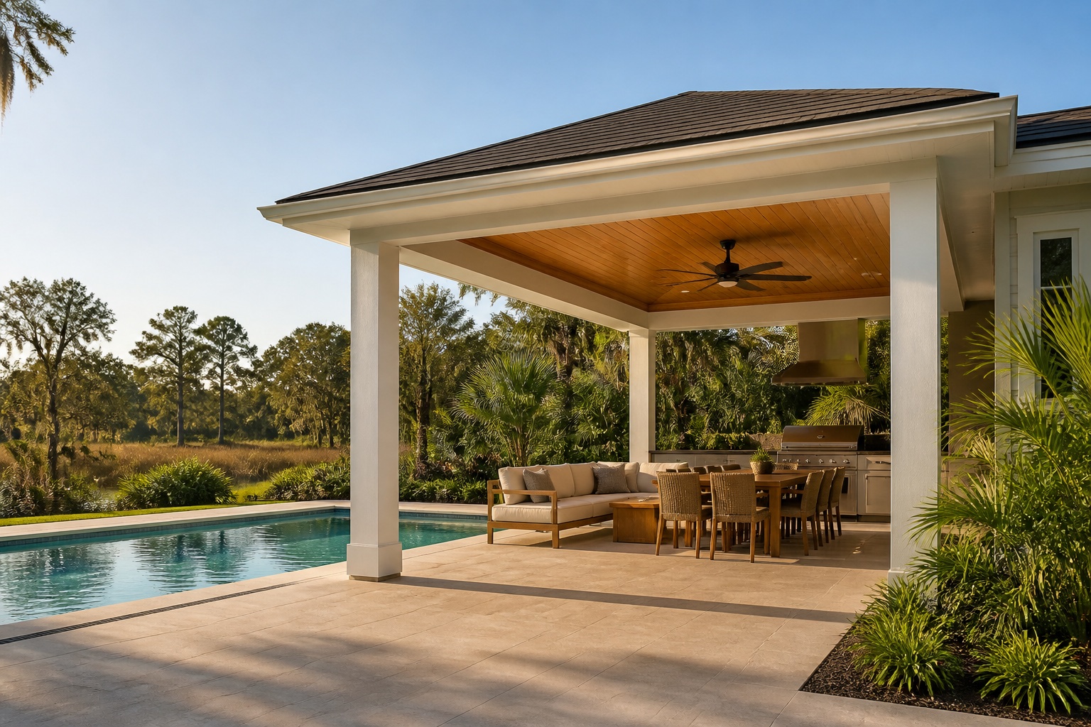 Hip-roof patio cover concept rendering